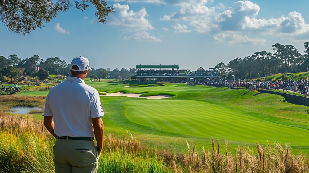 Golf tournaments to watch 2025: A golfer on the course at a major tournament with crowds and grandstands in the background