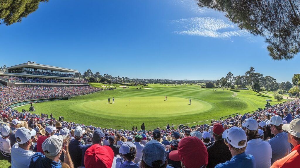 Golf tournaments to watch in 2025: Panoramic view of a golf stadium with crowds watching a tournament