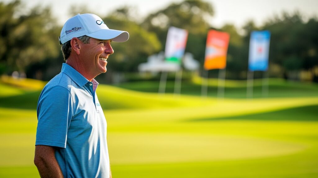 Golfer teeing off on the Copperhead Course with Valspar Championship banners in the background.