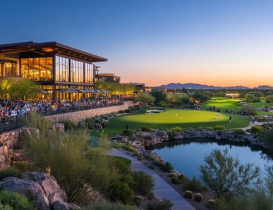 View of the 16th hole at TPC Scottsdale, a prime spot for PGA Tour fans on a golf vacation.