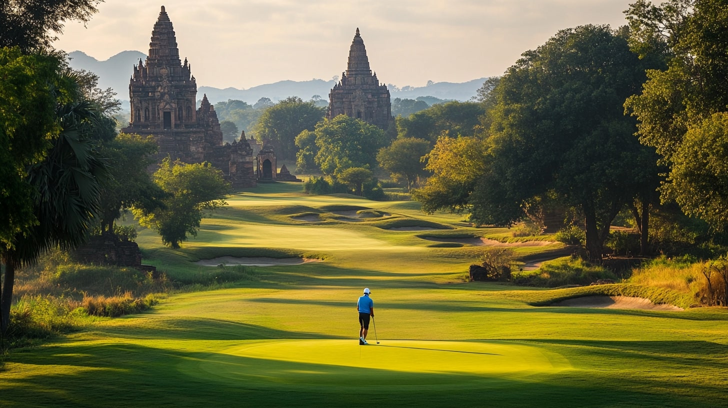 A golfer enjoying a round of golf at a historic golf course, with cultural landmarks and lush landscapes in the background.