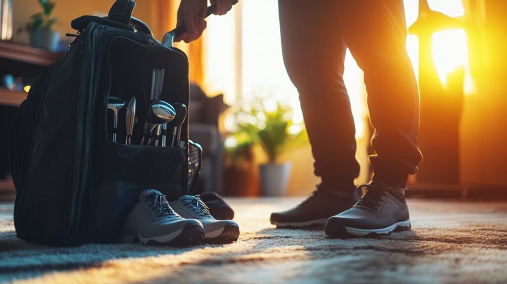 A golfer carefully packing golf clubs into a travel bag, with accessories neatly organized for travel.