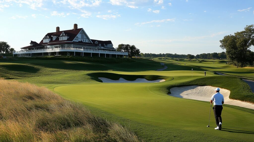 A golfer teeing off at Valhalla Golf Club, an iconic location in historic golf PGA Championship history.