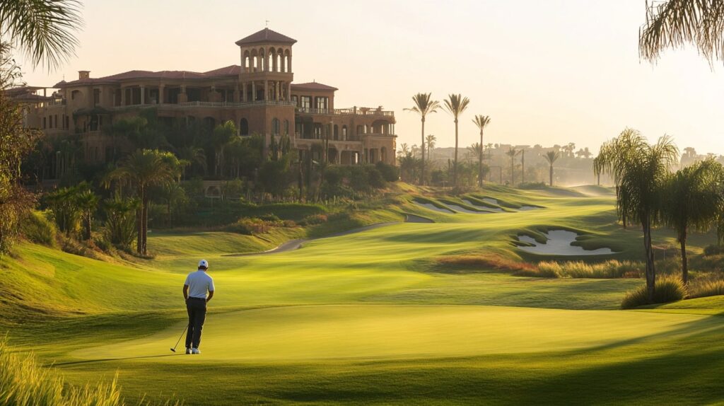 A golfer enjoying a round of golf at a historic golf course, with lush fairways and old-world charm.