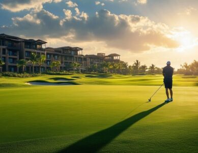 A golfer enjoying a round at an all-inclusive golf resort, with luxury accommodations and scenic fairways in the background.
