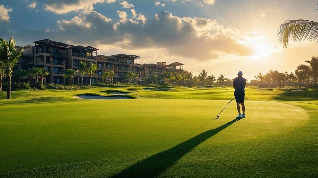A golfer enjoying a round at an all-inclusive golf resort, with luxury accommodations and scenic fairways in the background.