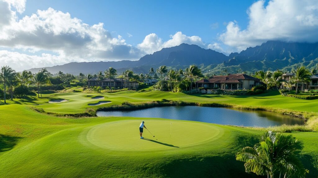 A golfer enjoying a round at an exclusive private golf course, surrounded by lush fairways and luxury amenities.