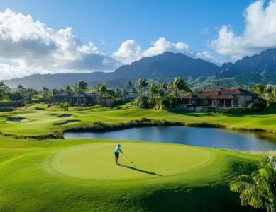 A golfer enjoying a round at an exclusive private golf course, surrounded by lush fairways and luxury amenities.