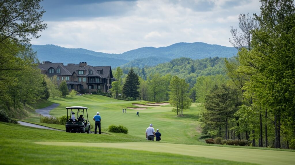 Luxury golf getaways Masters: A luxury golf resort with golfers on the course during the Masters Tournament