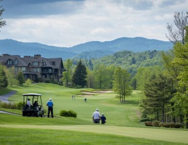 Luxury golf getaways Masters: A luxury golf resort with golfers on the course during the Masters Tournament