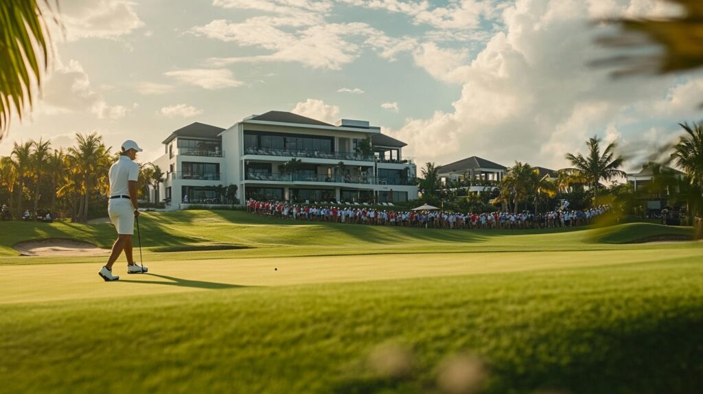 A golfer at a luxury resort playing on a championship-level green with spectators in the background.