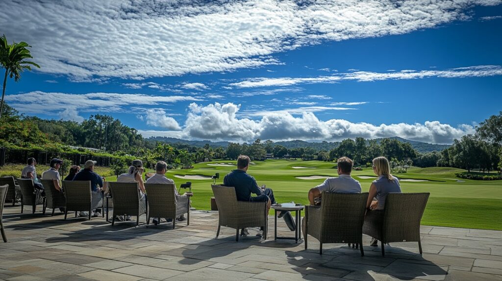 Guests relax at a luxury golf resort while watching a live golf tournament.