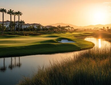 Luxury golf resort offering stunning views of a golf tournament.