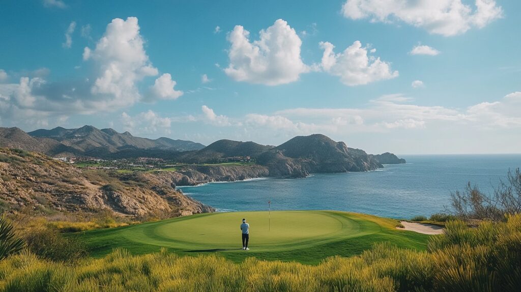 A golfer enjoying a round of golf at a luxury golf resort, with sweeping views of the course and ocean.