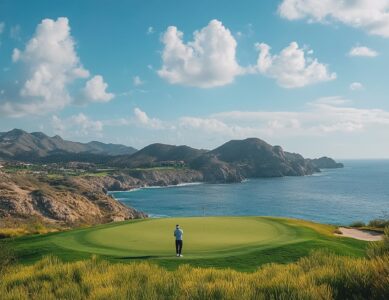 A golfer enjoying a round of golf at a luxury golf resort, with sweeping views of the course and ocean.