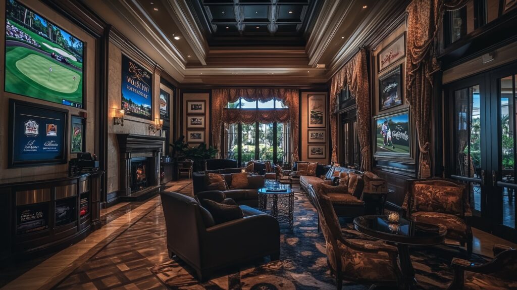 Elegant hotel lobby near Riviera Country Club featuring warm lighting and tournament decor