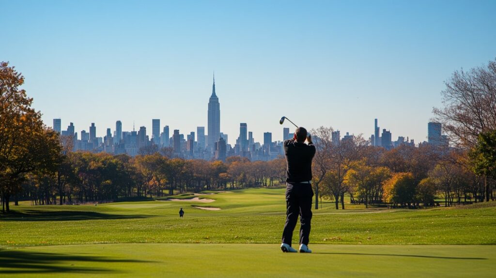 A golfer enjoying a round at a New York golf course, with Manhattan’s skyline in the background