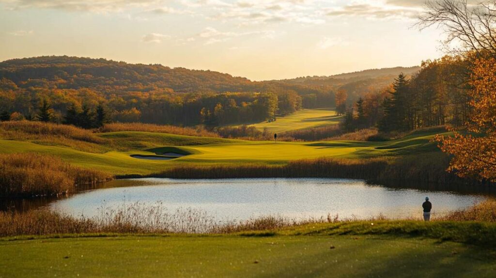 A golfer enjoying a round of golf at a Northeast U.S. golf course, surrounded by vibrant fall colors and mountain views.