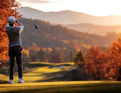 A golfer enjoying a round of golf at a Northeast U.S. golf course, surrounded by vibrant fall colors and mountain views.