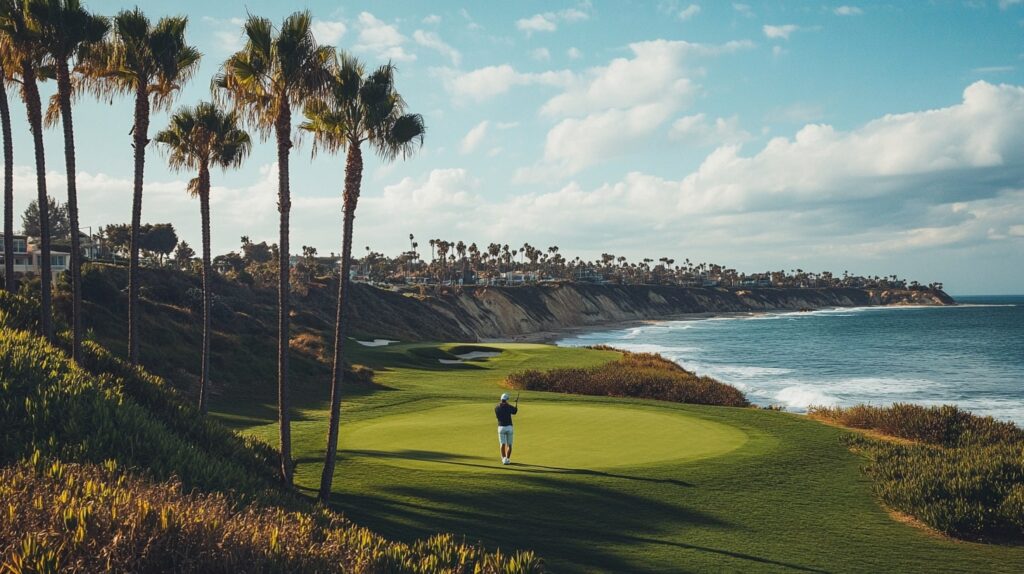 A golfer swinging on a Palm Beach golf course lined with palm trees