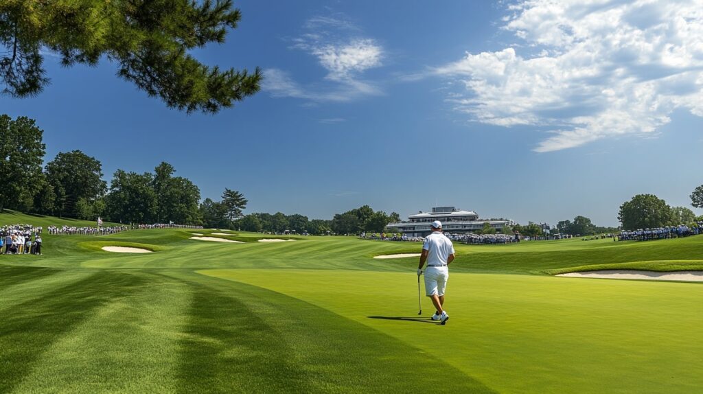 A professional golfer captured mid-swing at the 2025 PGA Tournament, with vivid fairways and blue skies.