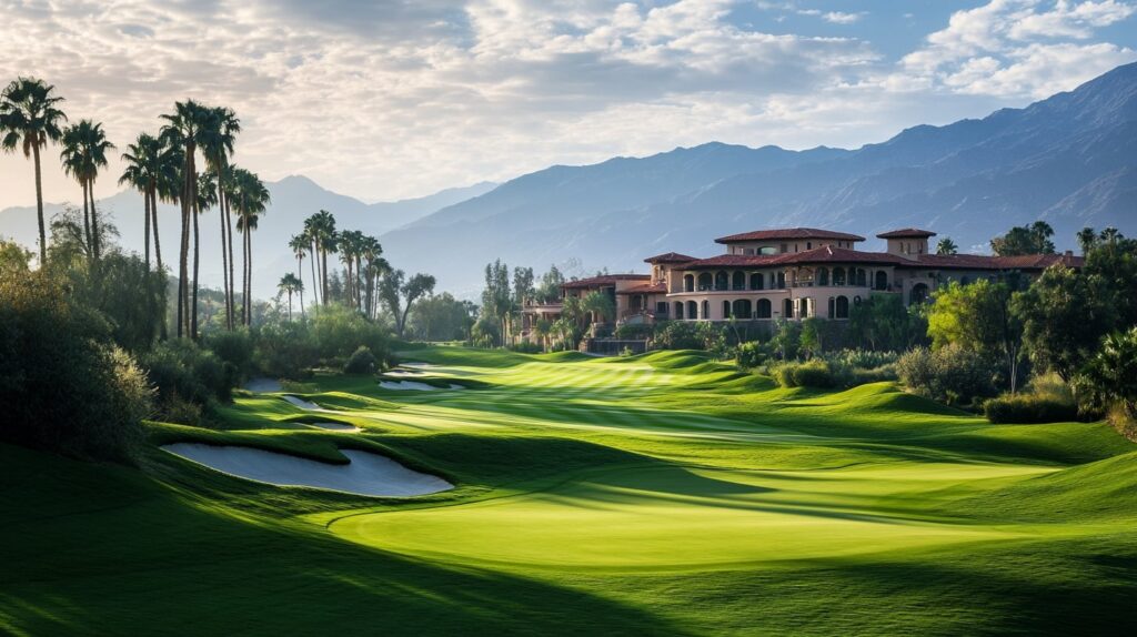 A scenic view of a PGA Tour golf resort with rolling greens and luxurious accommodations