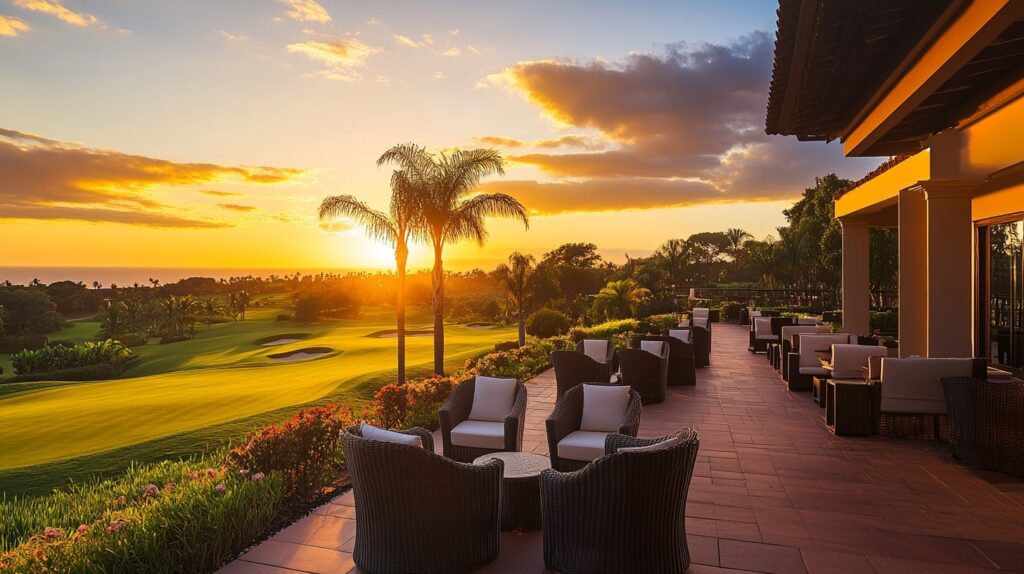 A sunset view of a PGA Tour golf resort's terrace overlooking the fairway