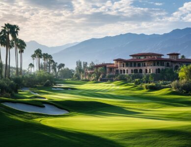 A scenic view of a PGA Tour golf resort with rolling greens and luxurious accommodations