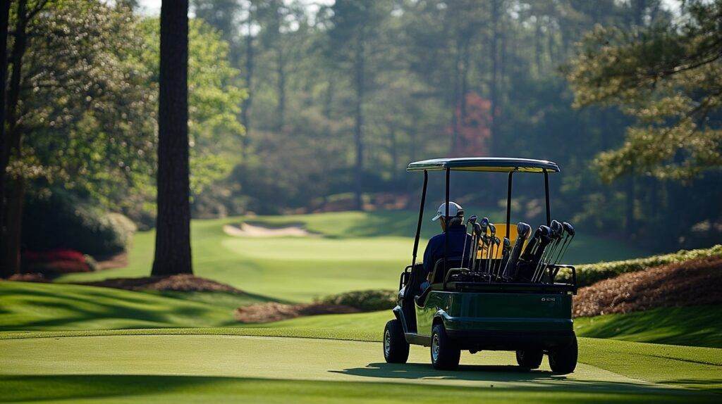 A golf cart is parked at Augusta National, showcasing one of the most prestigious PGA Tour golf travel venues.