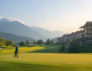 A golfer enjoying a round on a luxury golf getaway at a five-star resort, with picturesque mountain views.