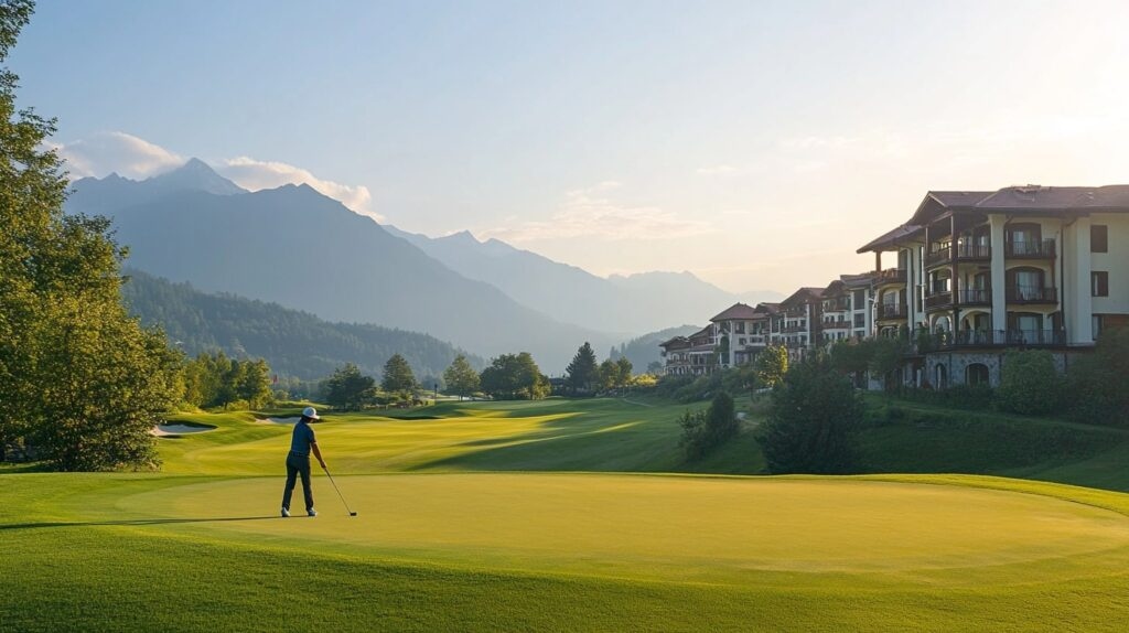 A golfer enjoying a round on a luxury golf getaway at a five-star resort, with picturesque mountain views.