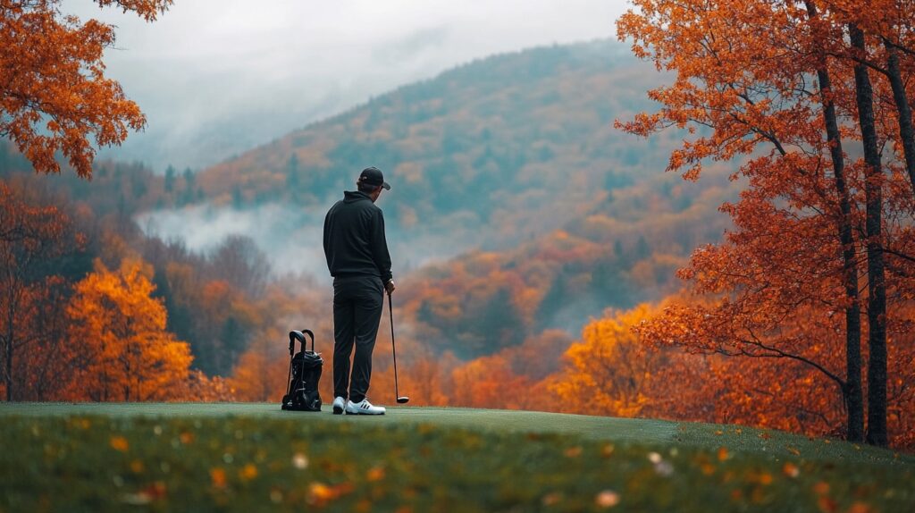 A golfer enjoying a peaceful round at a mountain golf course in the Northeast, with fall colors and misty mountains in the background.
