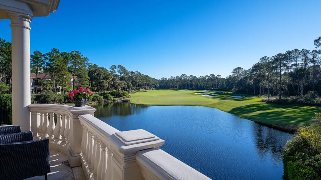 Luxury golf villa with a peaceful balcony overlooking TPC Sawgrass during the Players Championship
