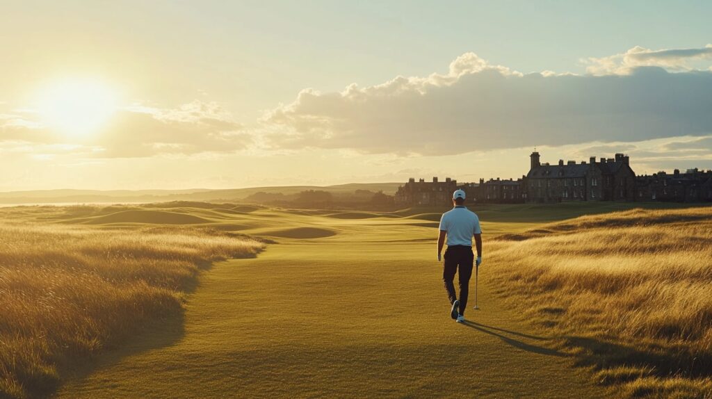 Golfer on the Old Course at St. Andrews during a Scotland golf tournament tour.
