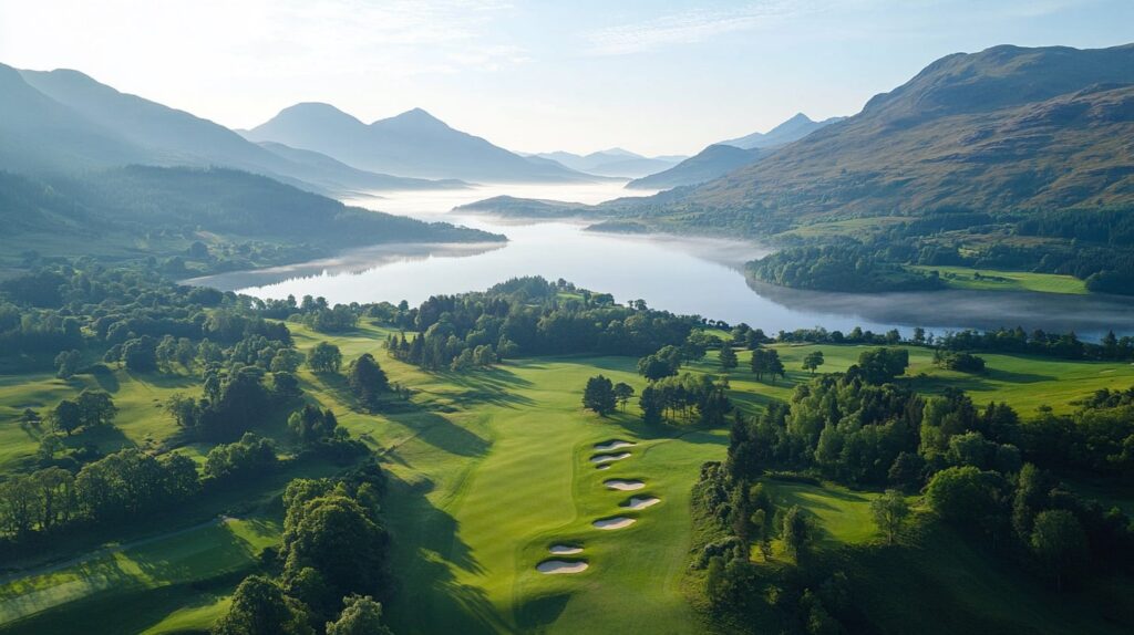 A scenic aerial view of a Scottish golf course, perfect for Scotland golf tournament tours.