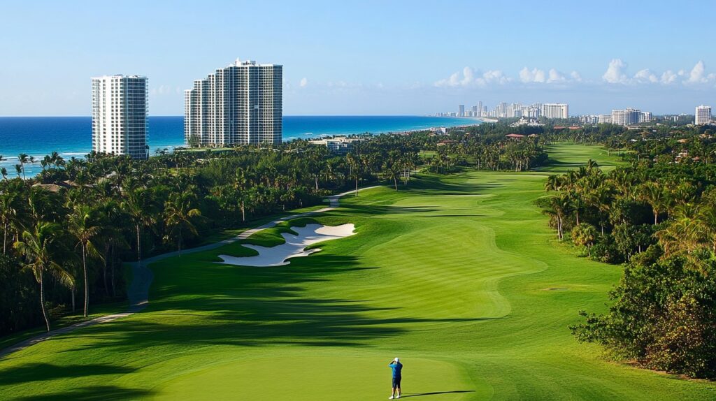 A golfer enjoying a round of golf at a South Florida beach resort, with ocean views in the background.