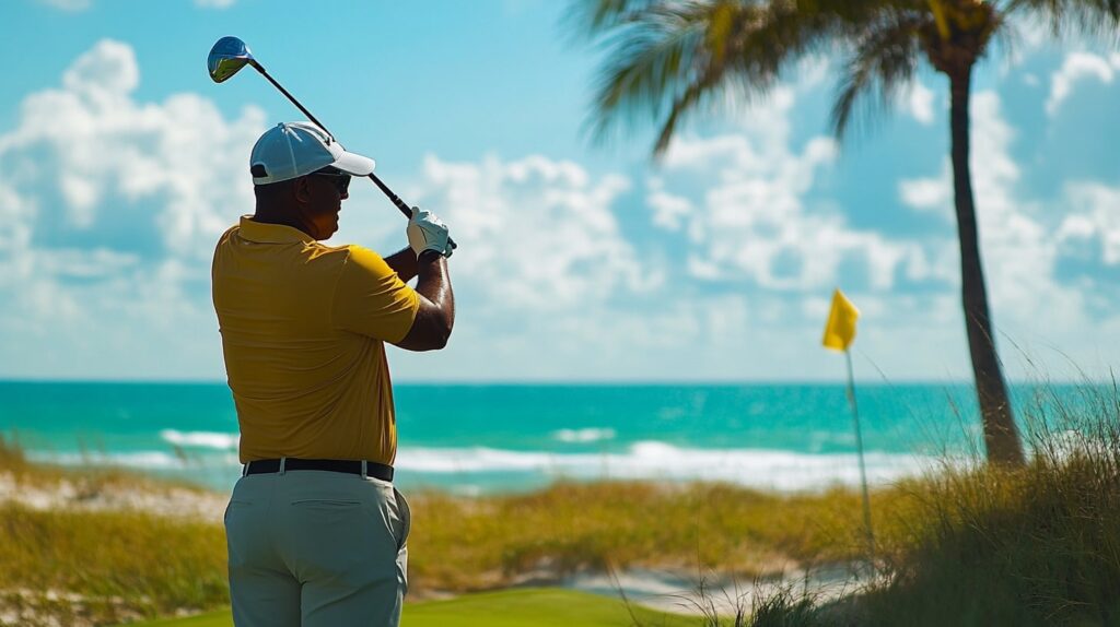 A golfer enjoying a round of golf at a South Florida beach resort, with ocean views in the background.