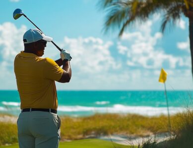 A golfer enjoying a round of golf at a South Florida beach resort, with ocean views in the background.