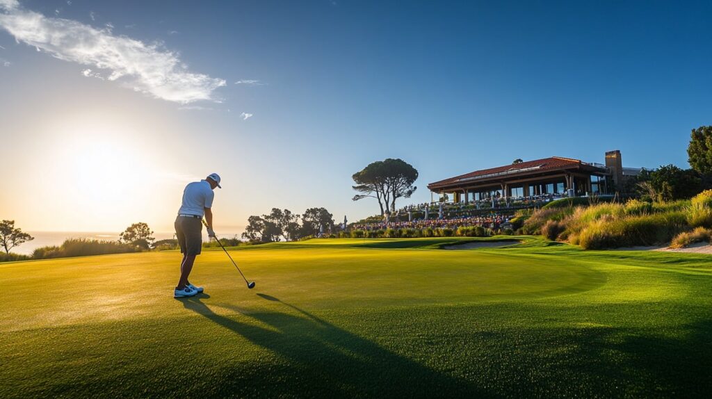 Stay for U.S. Open 2025: A golfer practicing at a high-end resort near the U.S. Open with lush fairways in the background
