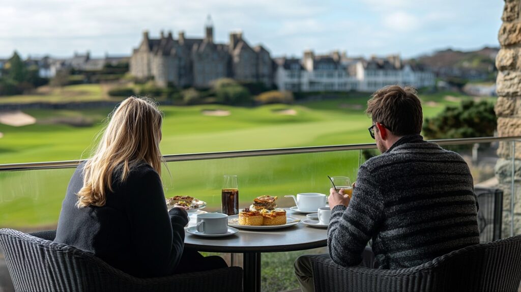 Guests enjoying a scenic view of the Open Championship 2025 from a luxury resort near St. Andrews.