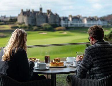 Guests enjoying a scenic view of the Open Championship 2025 from a luxury resort near St. Andrews.
