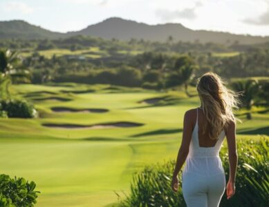 Stay & Play golf package experience with a golfer teeing off at a luxurious resort, surrounded by lush green fairways.