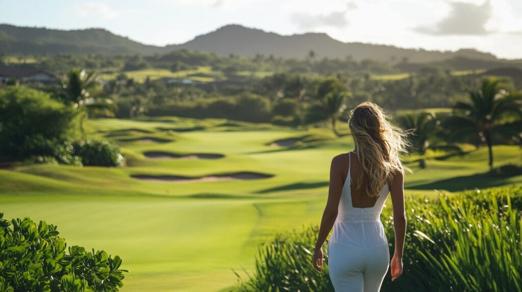 Stay & Play golf package experience with a golfer teeing off at a luxurious resort, surrounded by lush green fairways.