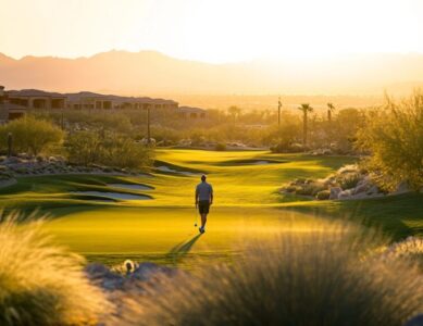 A golfer enjoying a luxury Stay & Play golf experience, walking through a scenic course during golden hour.