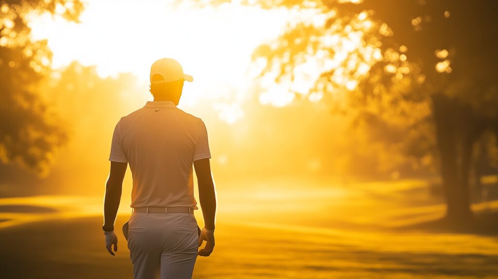 A top PGA golfer confidently walking to the tee box at the 2025 PGA Championship, ready for their next shot.