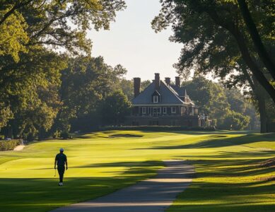 A golfer walking on a scenic U.S. Open venue golf course fairway