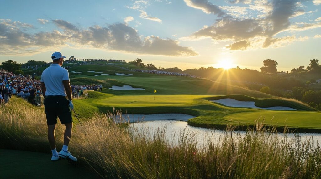 A golfer on a world-class course during the World Golf Championship, with fans in the background.