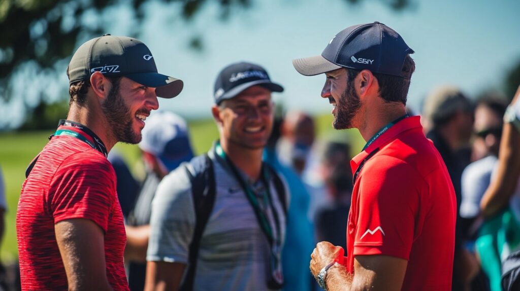 Candid moment of golfers interacting with the World Golf Championship in the background.