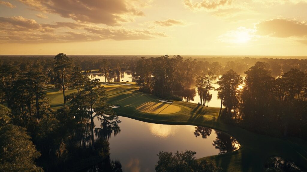 Aerial view of TPC Louisiana with lush fairways and water hazards, showcasing its beauty as one of the Zurich Classic must-visit courses.