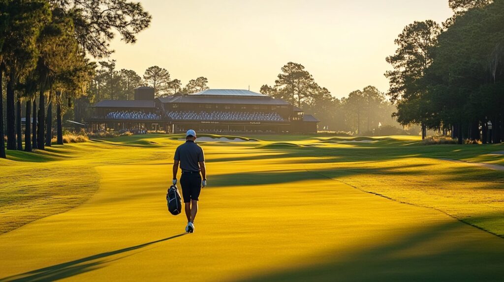 A golfer walking towards the 18th green at TPC Louisiana, offering a firsthand look at one of the Zurich Classic must-visit courses.